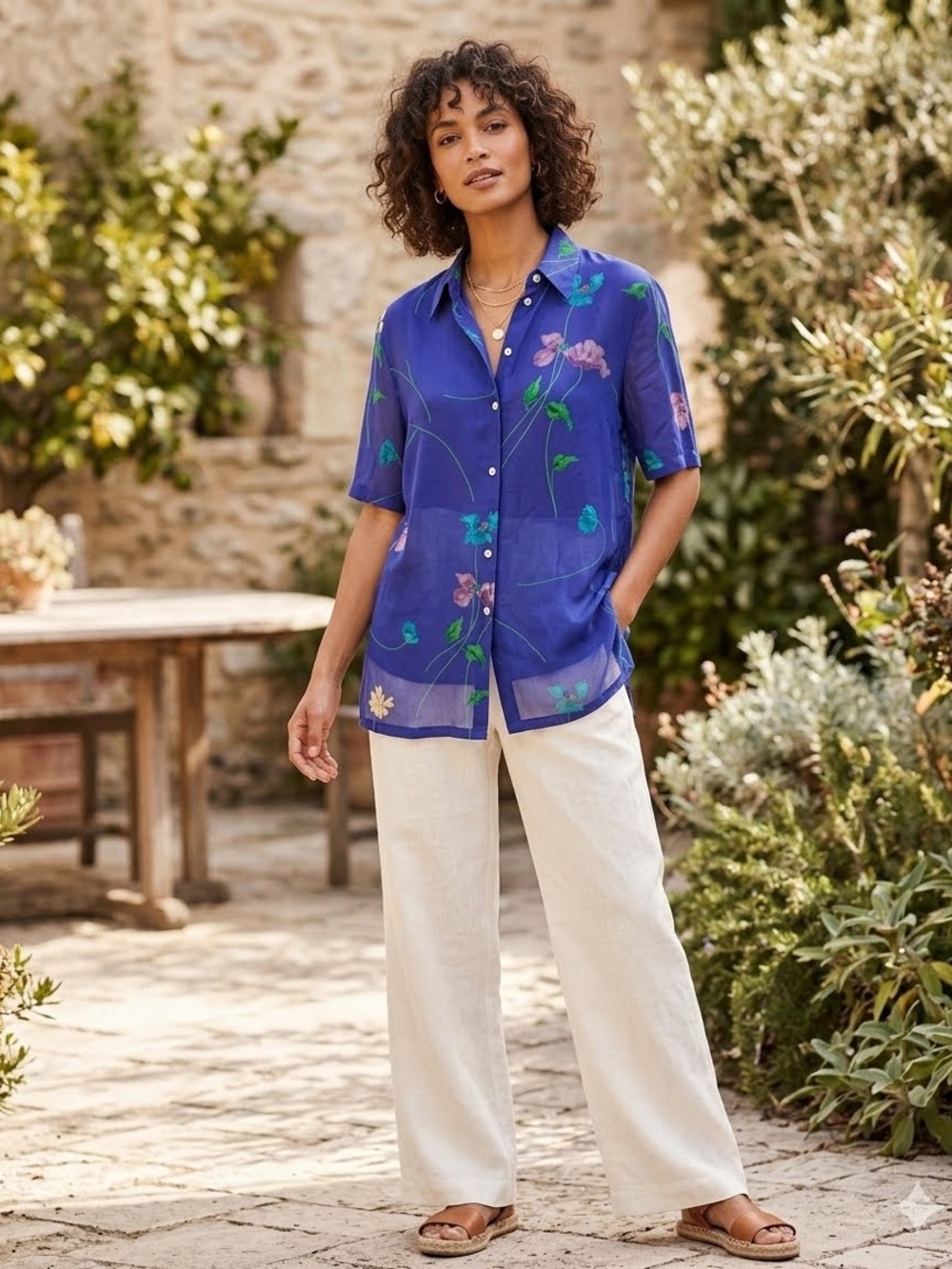 Tru Vibrant Purple Blue Floral Short Sleeve Sheer Blouse Vntage
